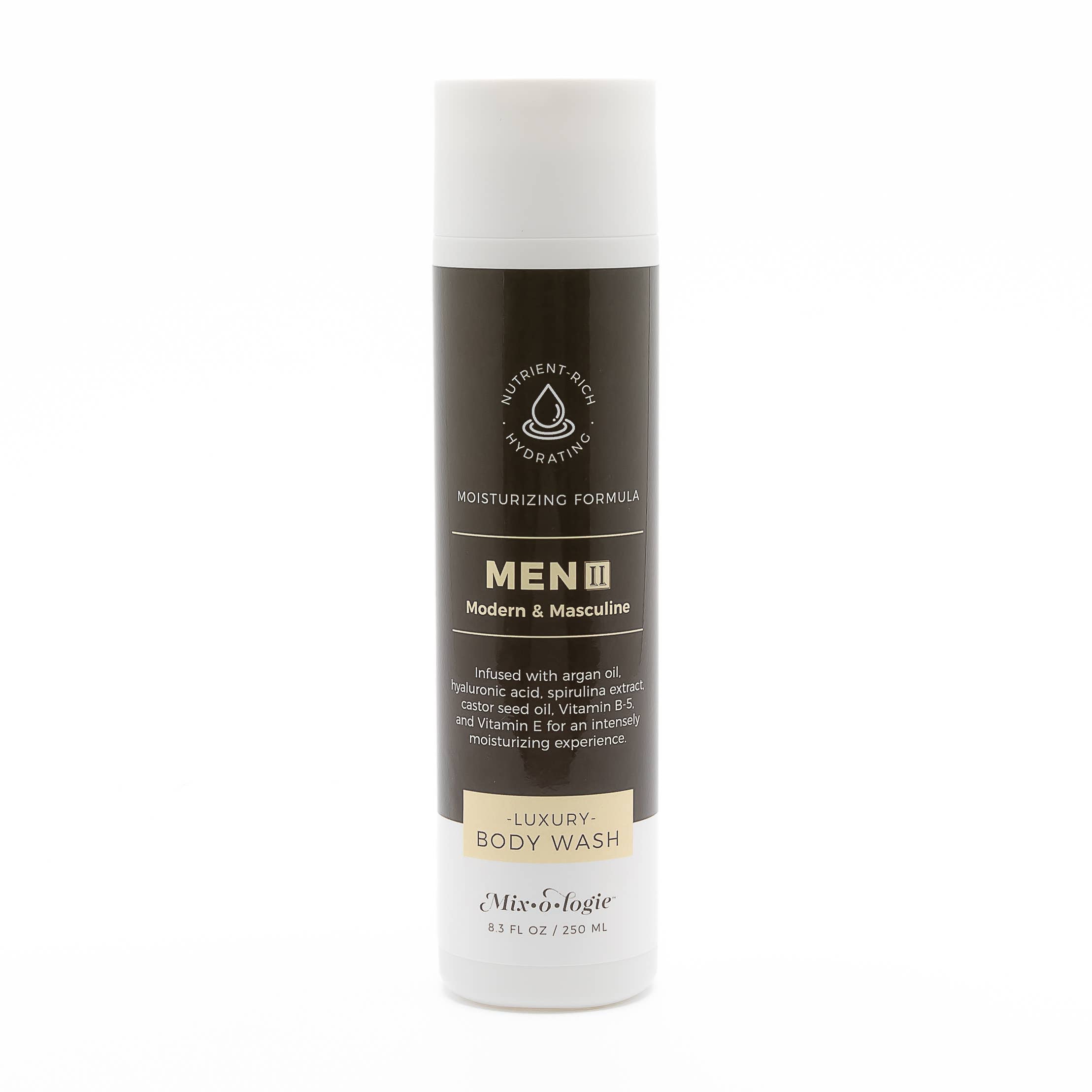 Body wash bottle labeled 'Men II Modern & Masculine' on a white background