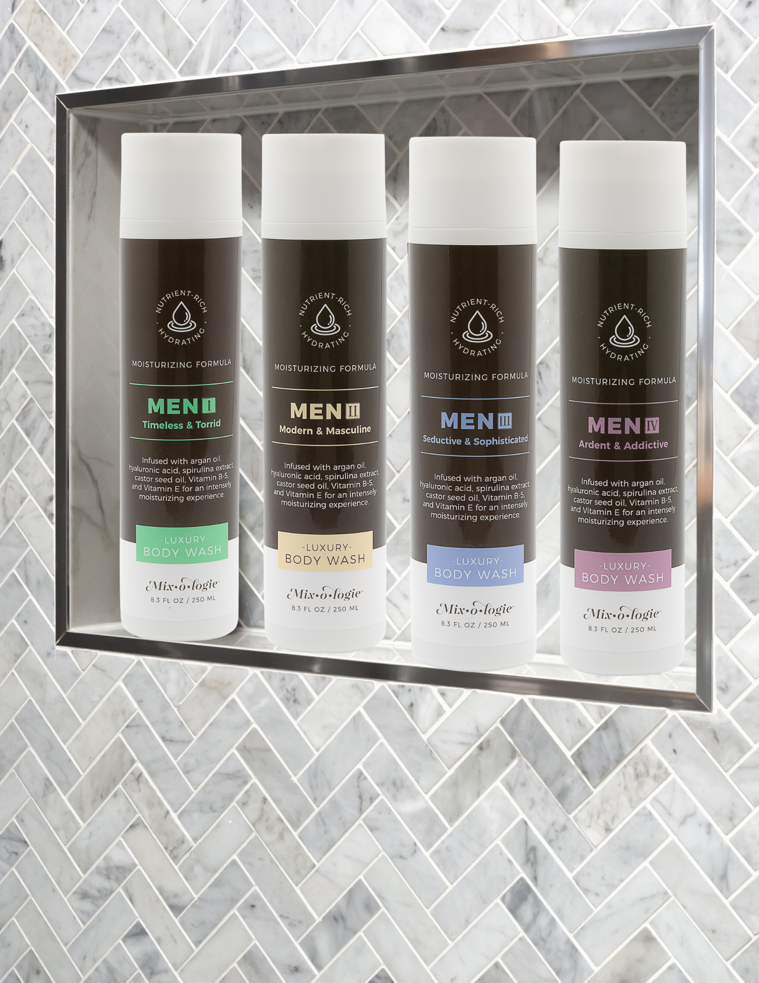 Four bottles of Men's body wash on a decorative shelf against a marble wall.