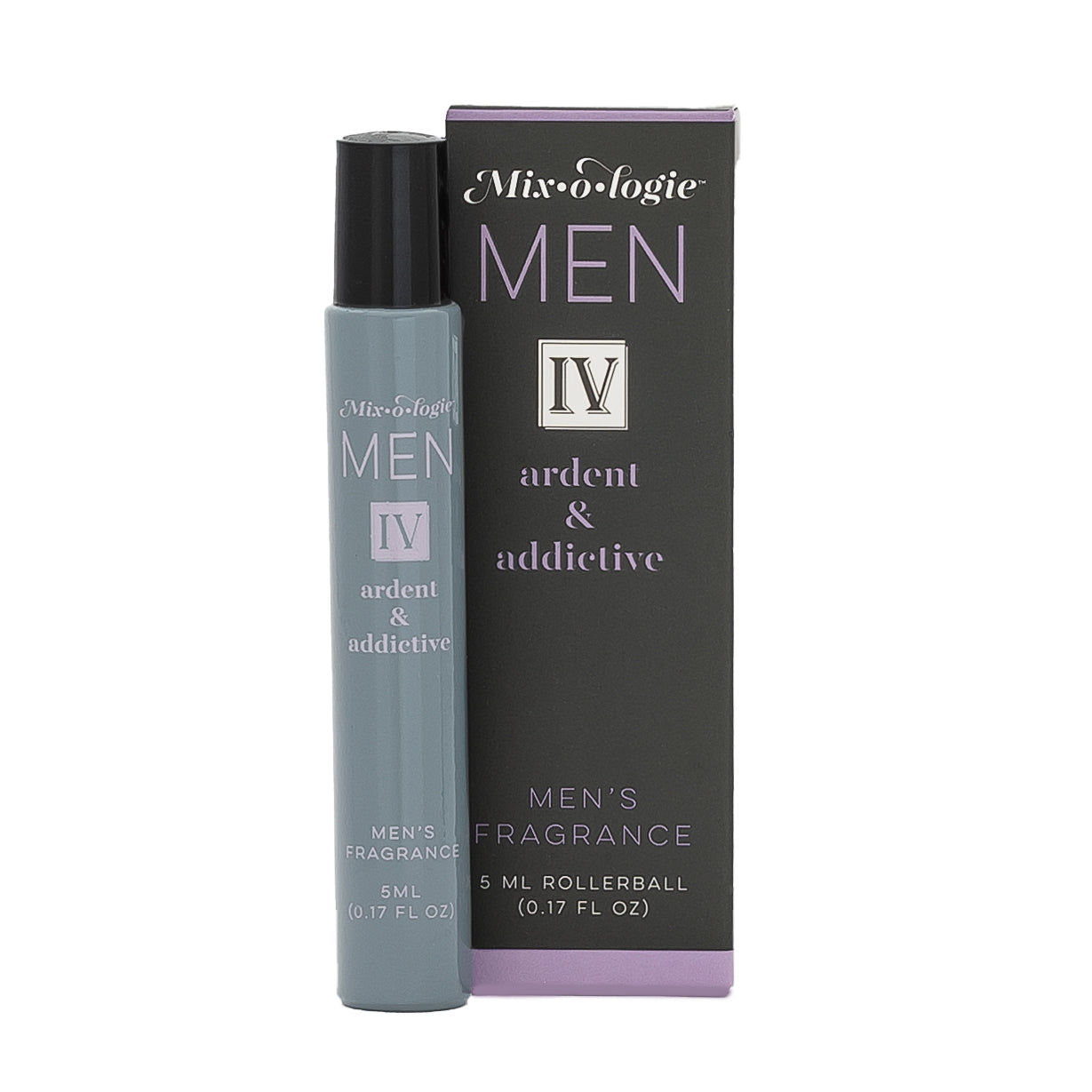 Men's fragrance rollerball with packaging on a white background