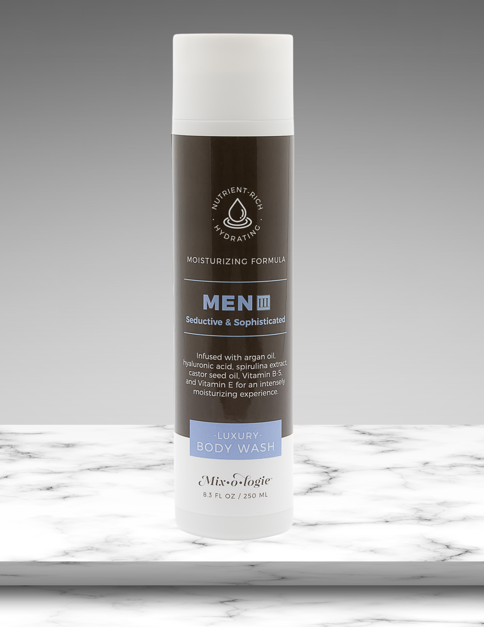Body wash bottle for men on a marble surface with a gray background