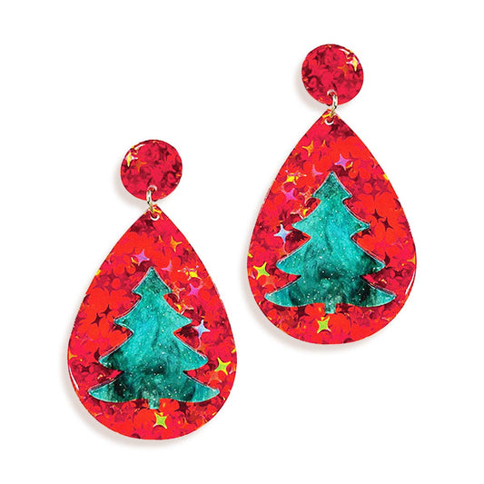 Red Glitter Tree Earrings