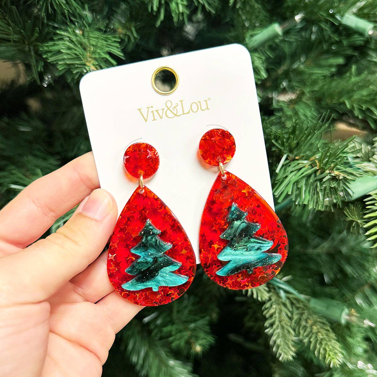 Red Glitter Tree Earrings