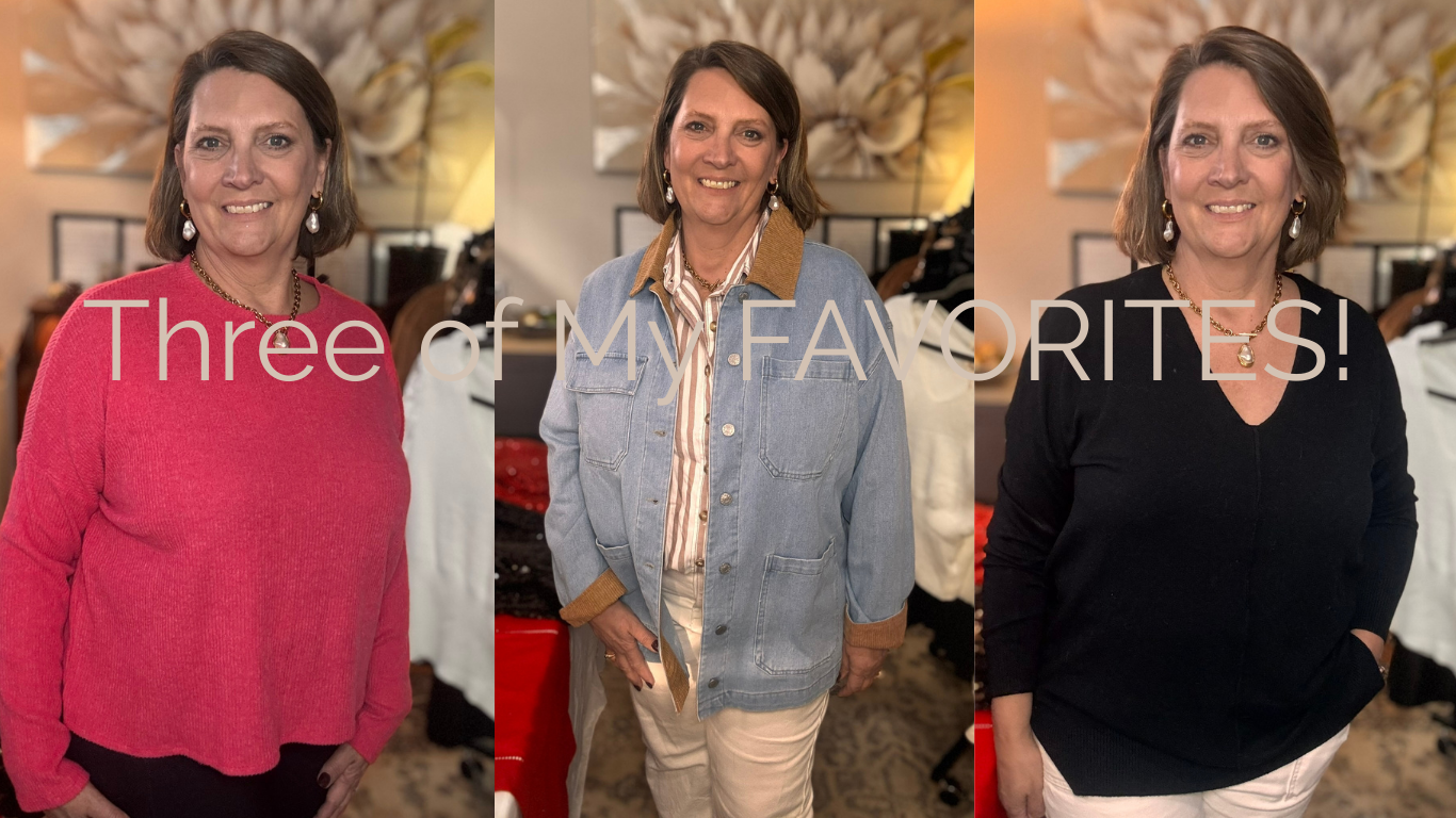 Three images of a woman in different outfits with text 'Three FAVORITES!'