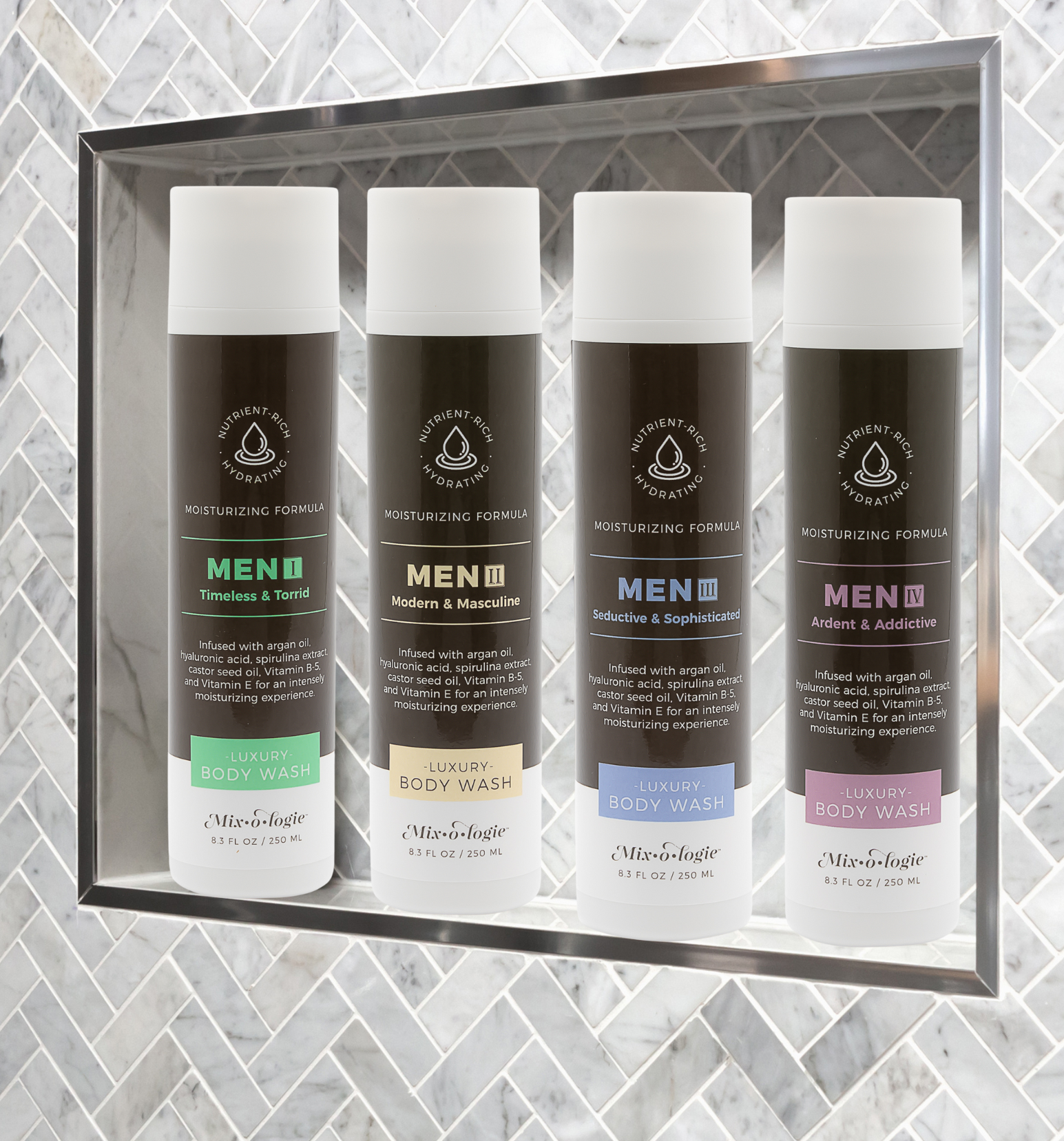 Four bottles of Men's body wash on a gray tiled wall