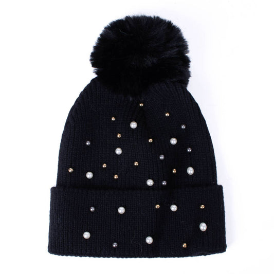 Ladies Winter Knit Hat with Pearls and Pom