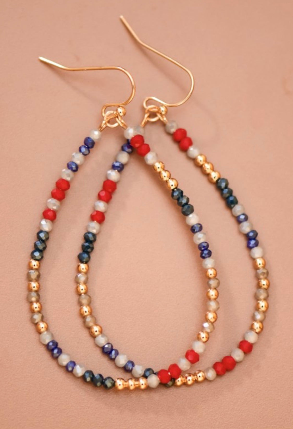 photo of Americana earrings, beads in gold, red, white and blue