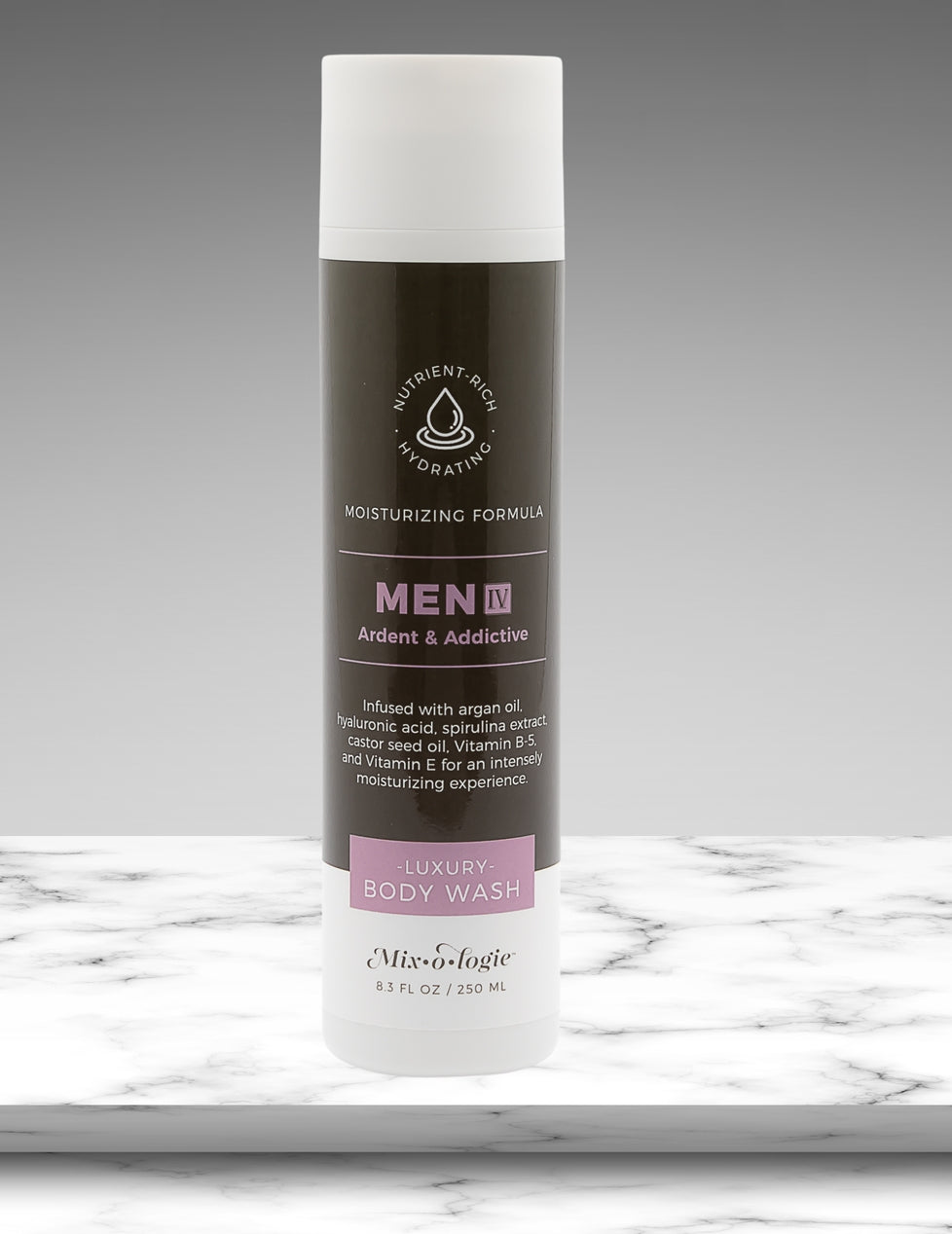 Body wash bottle on a marble surface with a gray background