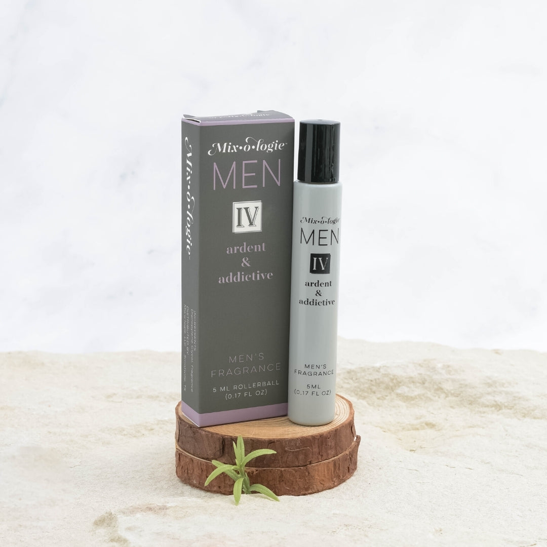 Men's fragrance bottle and packaging on a wooden stand with a white background