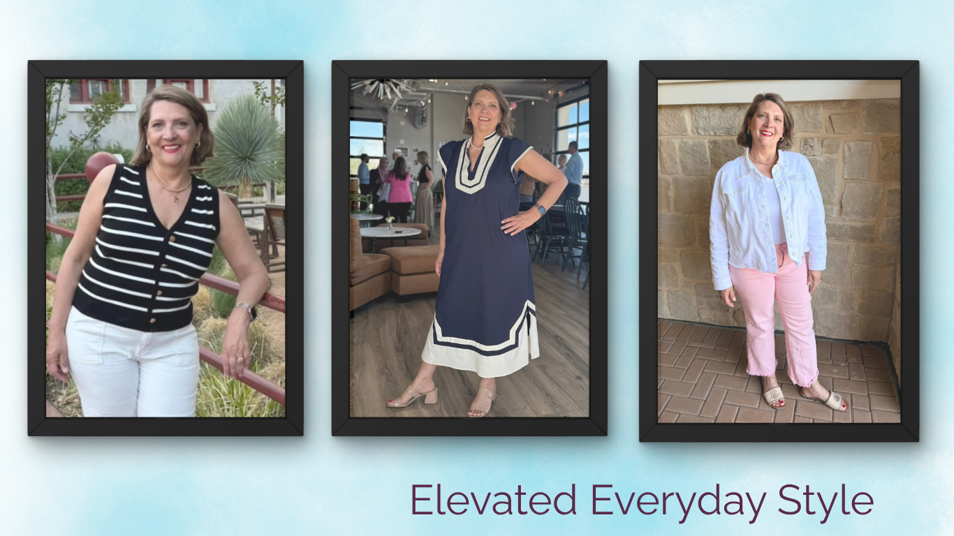 Three framed pictures of women in various outfits with 'Elevated Everyday Style' text.