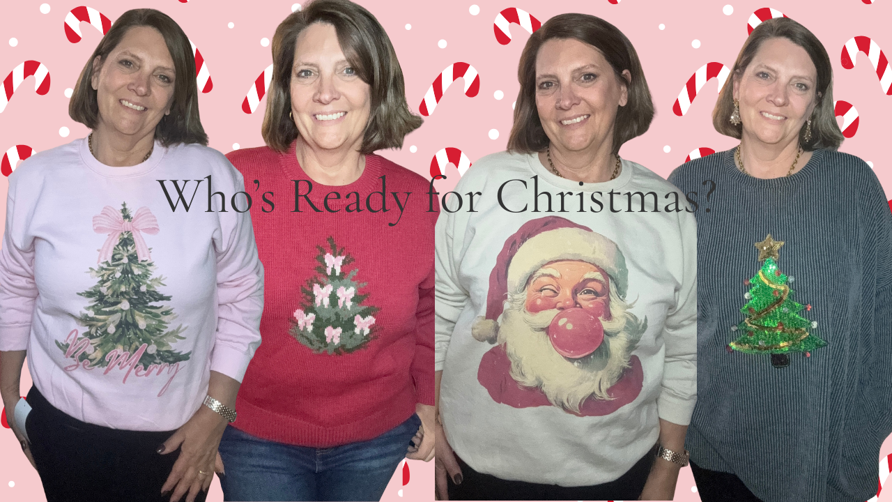 Four women wearing Christmas-themed sweaters with a pink candy cane background.