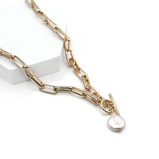 Natural FreshWater Coin Pearl Pendant with T bar Necklace