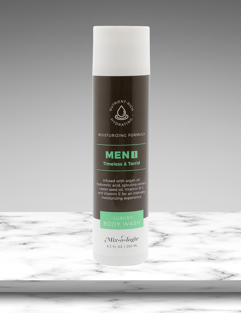 Body wash bottle labeled 'MEN 1' on a marble surface with a gray background
